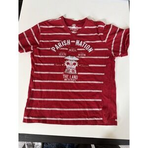 Parish Nation Men's XL Red Striped Graphic T-Shirt V-Neck Embroidered Crest.3970